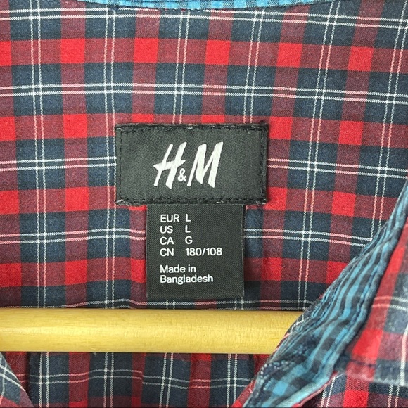 H&M Mens Red Checkered Button Up Shirt Size L - Picture 10 of 13